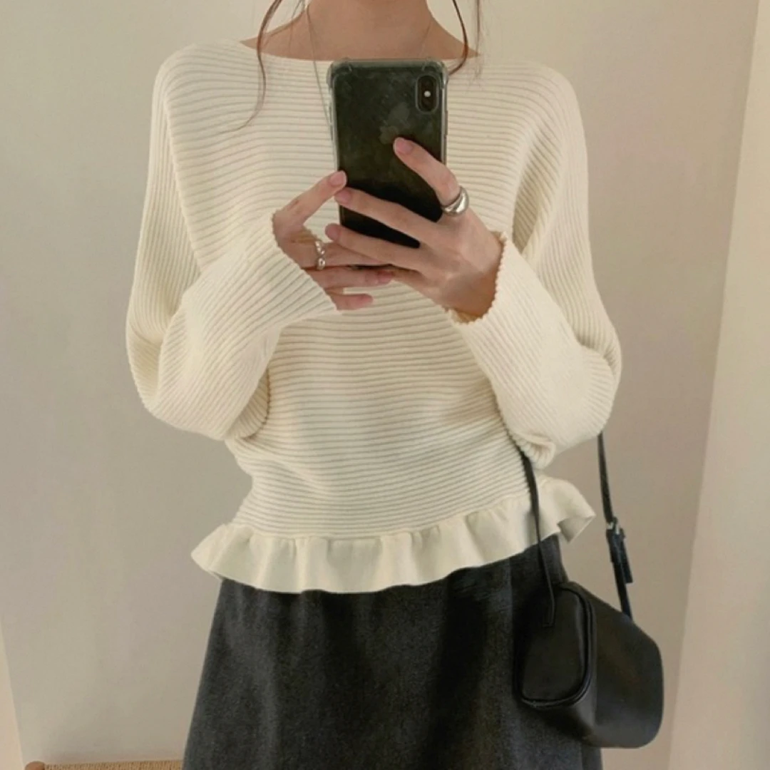 韩系温柔风荷叶边系带收腰针织衫女冬新款气质百搭修身显瘦上衣