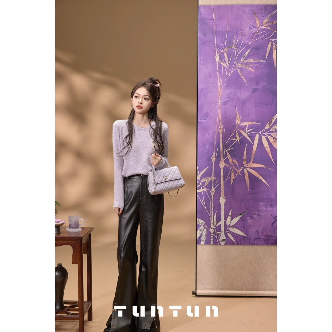 吞吞TUNT【探春令 浅紫色】细节之美 紫金提花口袋圆领T恤4
