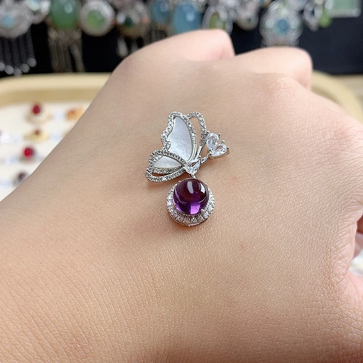 紫晶吊坠(不含链)银S925镶嵌小****方