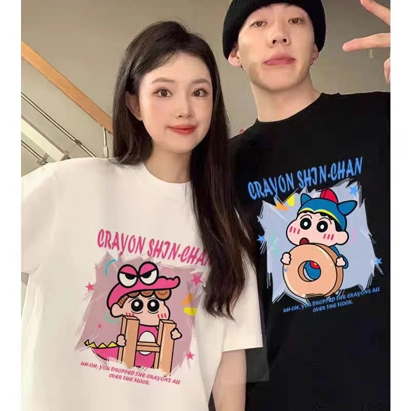 日系潮流重磅纯棉情侣短袖T恤加大码300斤卡通蜡笔小新印花上衣潮