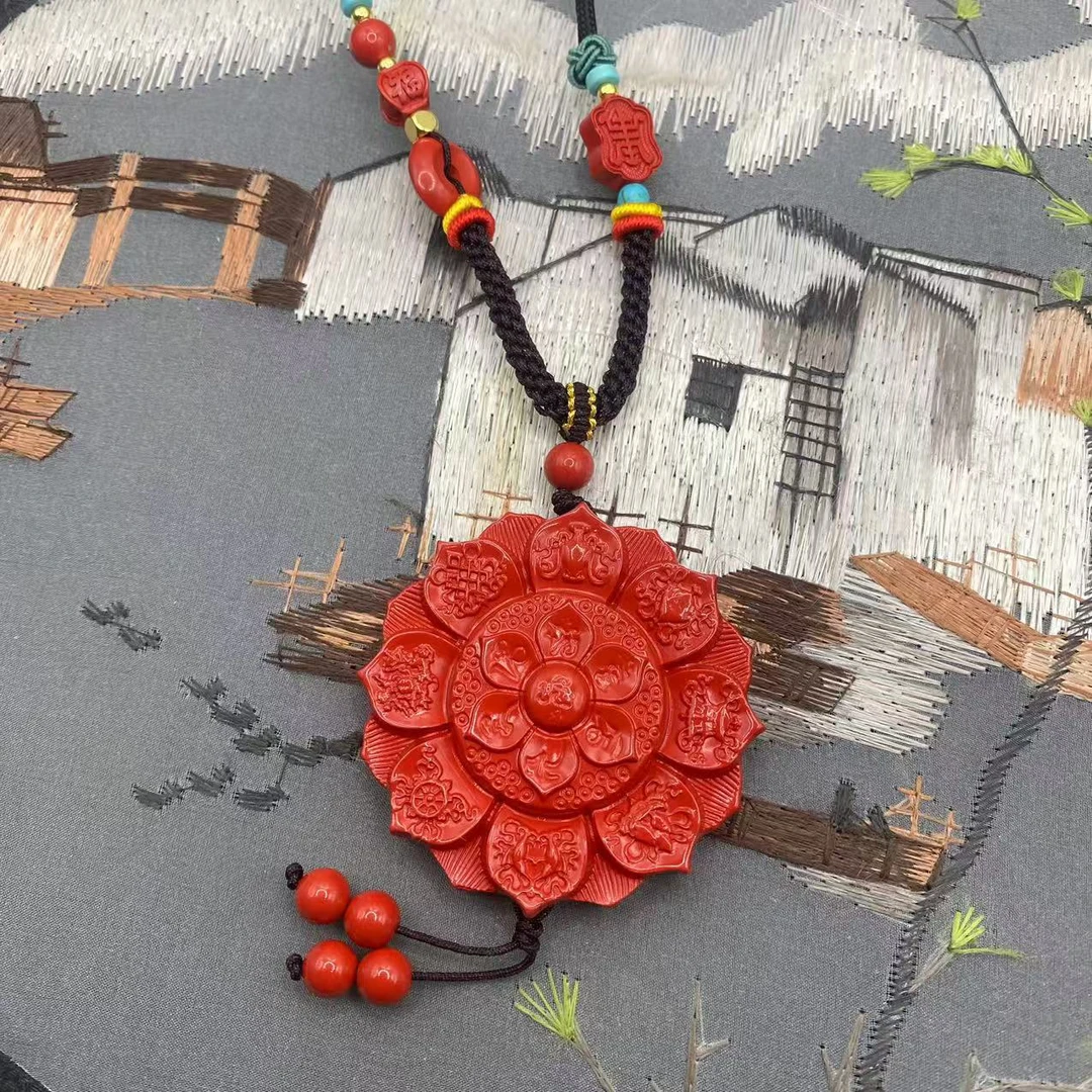 含辰砂工艺品高含量朱砂红砂设计款八宝莲花吊坠爆款大毛衣链