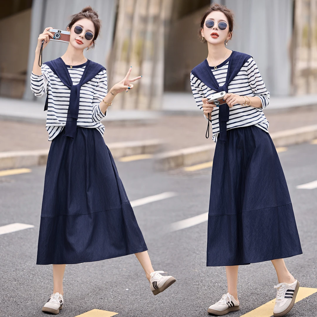 休闲时尚条纹套装裙女2025年春秋新款学院风气质减龄半身裙两件套