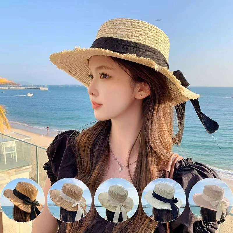 平顶女夏季海边度假沙滩遮阳防晒帽蝴蝶结大帽檐太阳帽子