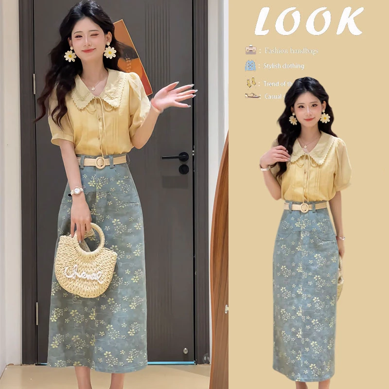 气质穿搭套装2025夏季新款通勤百搭短袖衬衫印花牛仔半身裙两件套