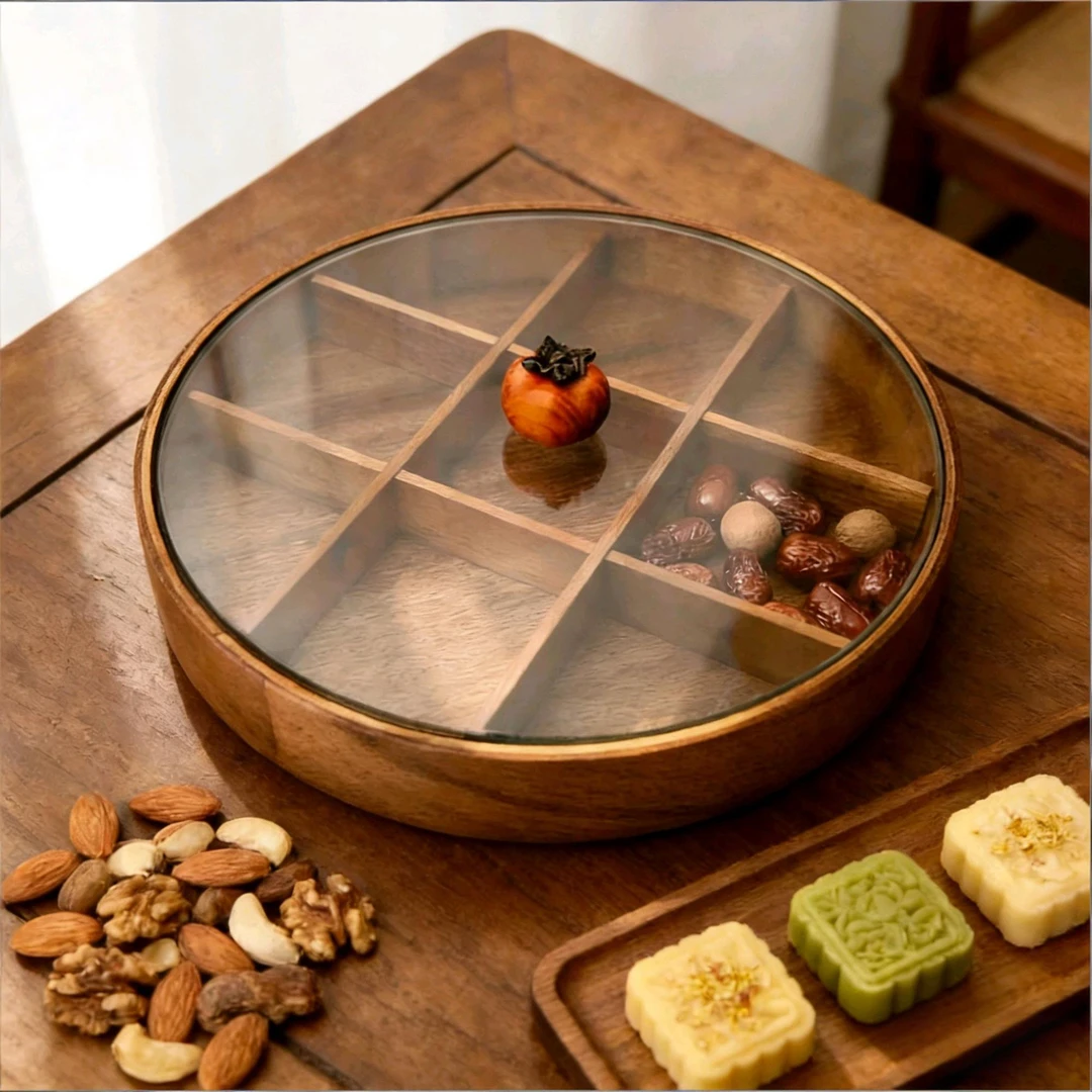 九宫格胡桃木果盘盘子创意轻奢干果盘易清洗中式宫廷风32*5cm