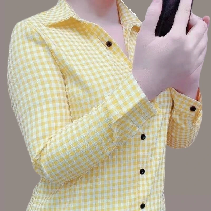 衬衫女装上衣大码春秋衬衣百搭格子衬衫显瘦时尚休闲打底女士中年