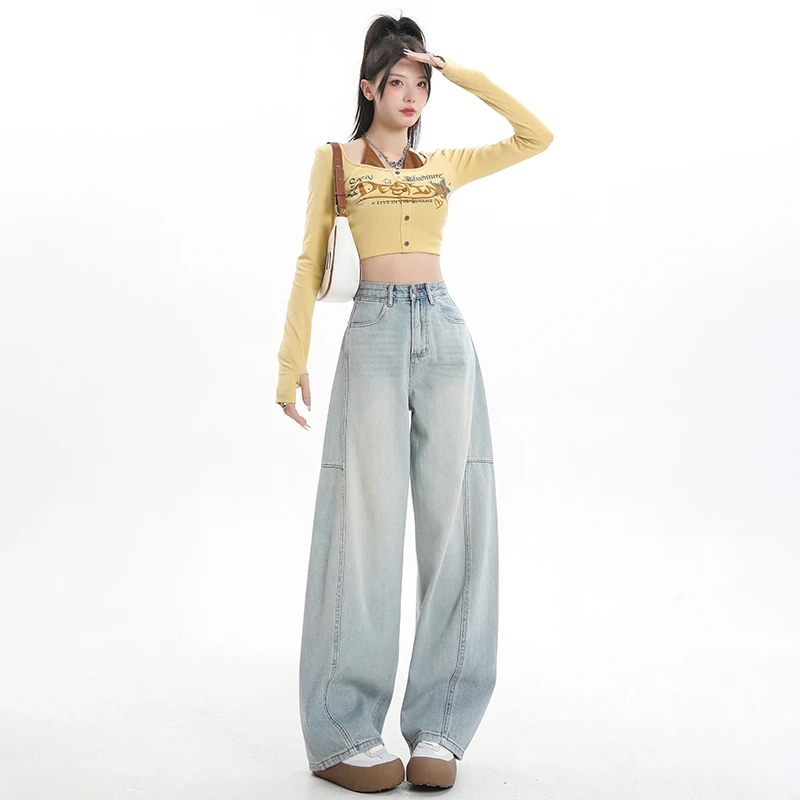 浅色阔腿牛仔裤女2025春季新款美式弯刀显瘦直筒长裤&加长裤