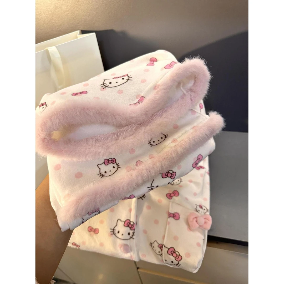 甜美HelloKitty海岛绒睡衣女春秋季2025新款可外穿大码家居服套装