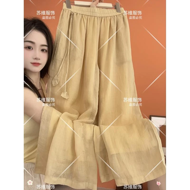 【仙仙裤】1911苎麻刺绣双层文艺宽松女夏季阔腿休闲裤松紧腰系带