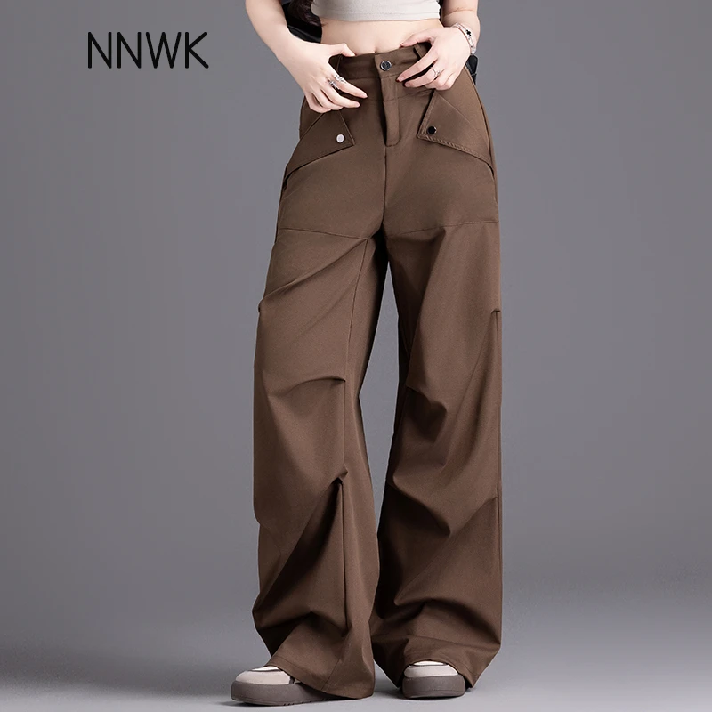 咖啡色美式复古工装裤女春秋季宽松显瘦阔腿裤时尚百搭直筒长裤子