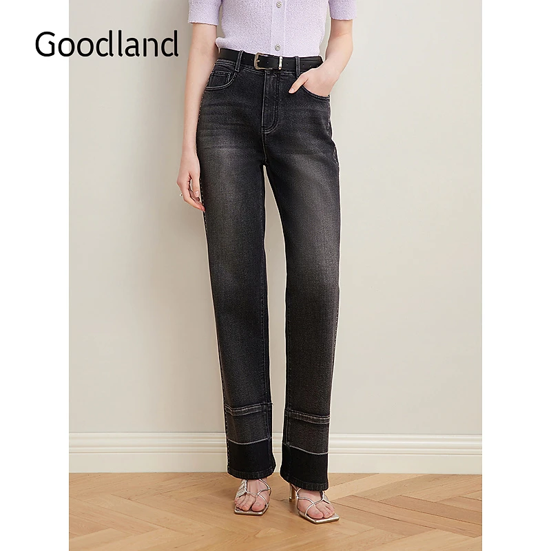 Goodland美地女装2025夏季新款棉质复古水洗磨白直筒牛仔裤