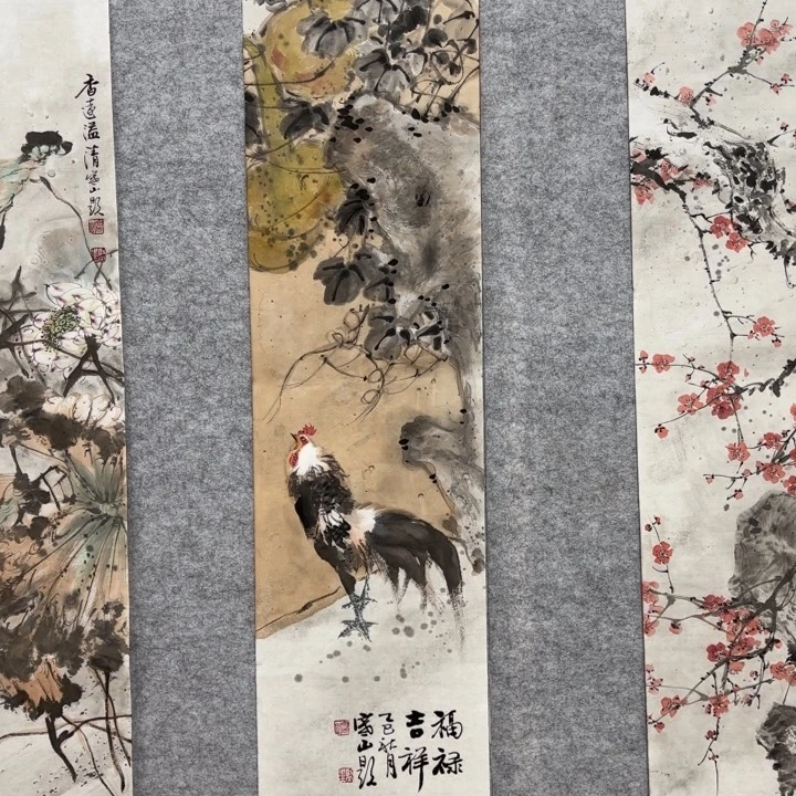 国画花鸟等图案为一体而