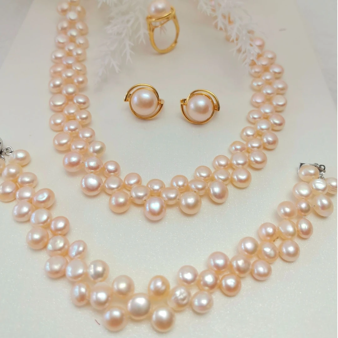 天然粉色淡水珍珠项链手链天然珍珠耳环戒指古法款式