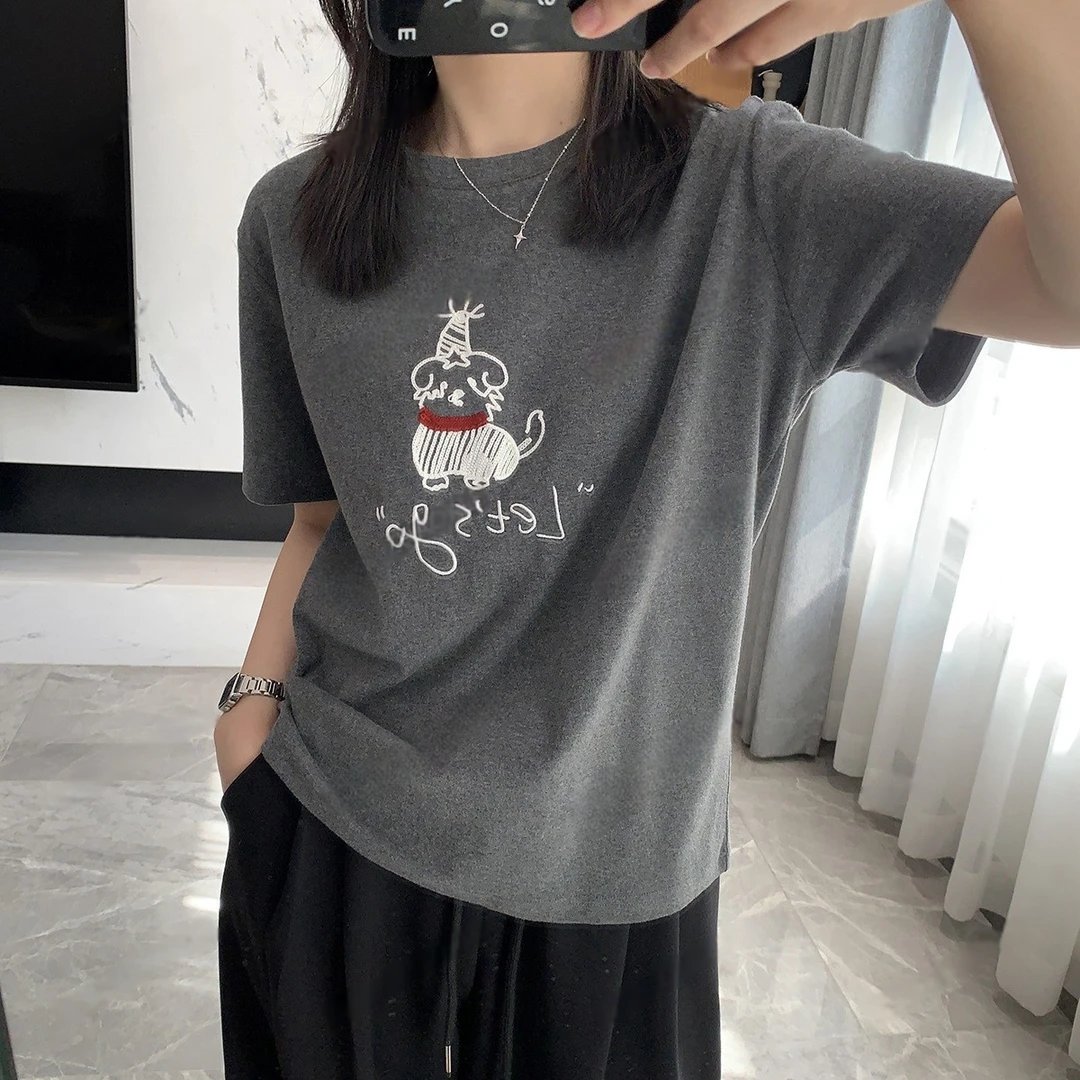卡通刺绣小狗韩系百搭春季新款宽松显瘦短袖打底衫T恤女上衣内搭