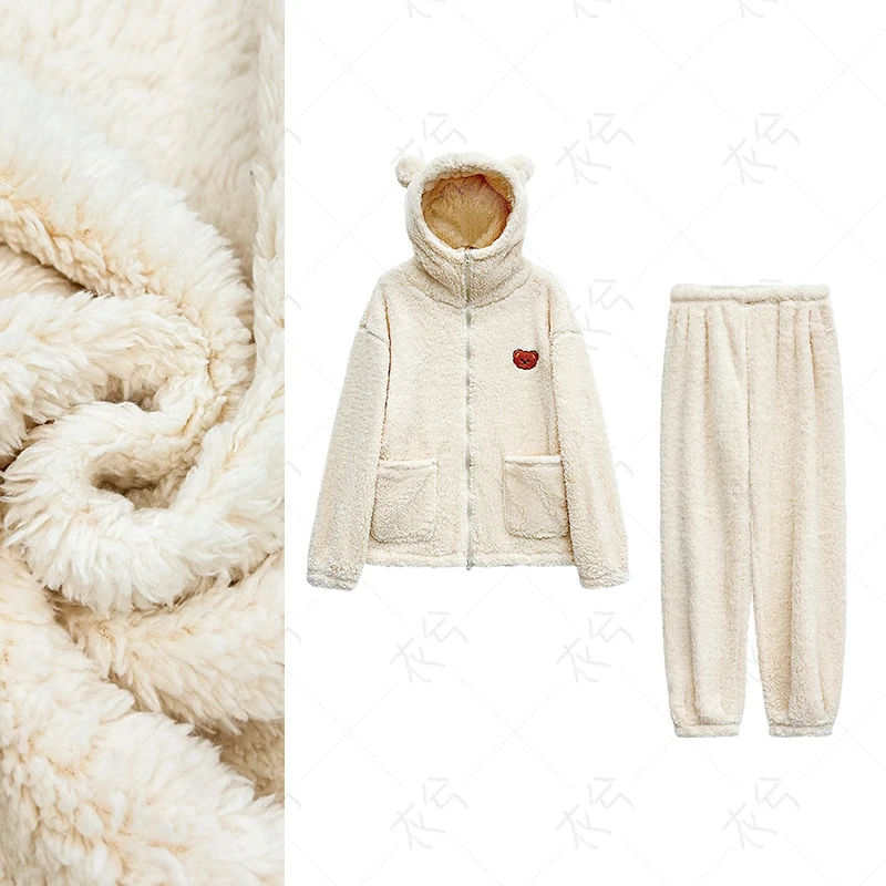 （小熊珊瑚绒家居服套装）冬季情侣款连帽拉链加厚保暖睡衣套装H