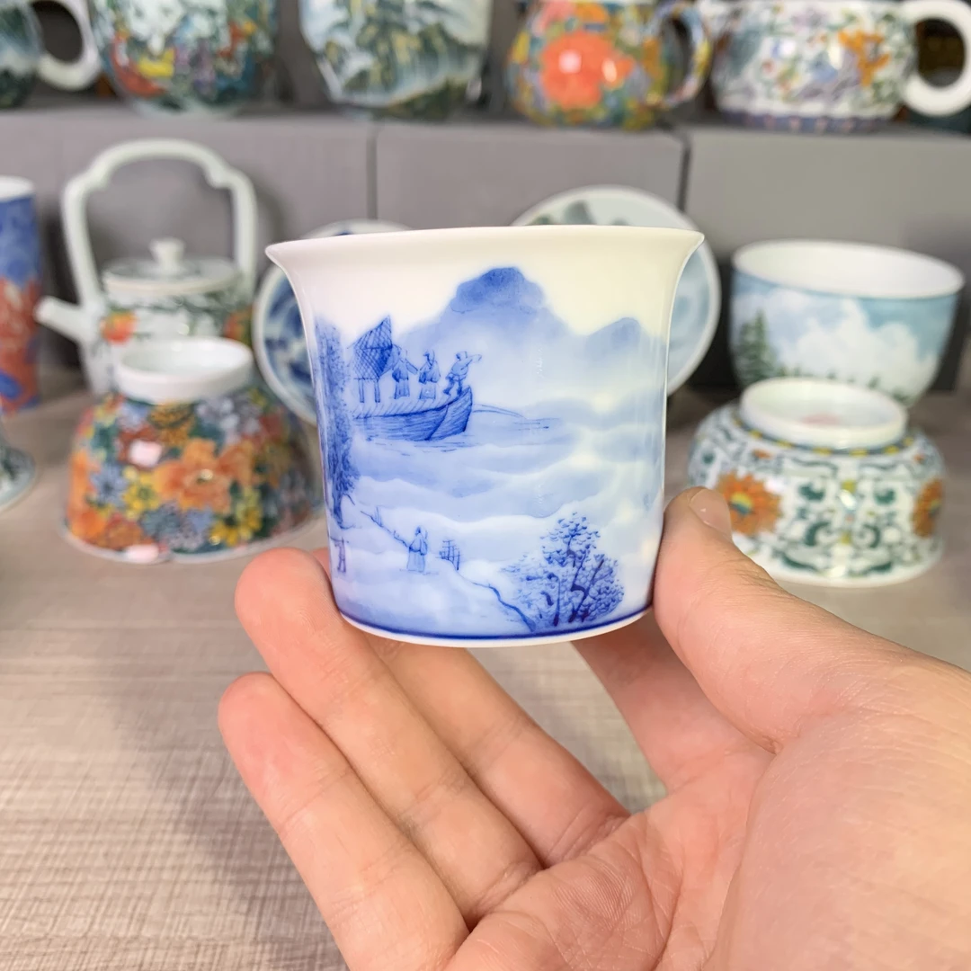 青远堂柴窑青花山水单杯茶杯
