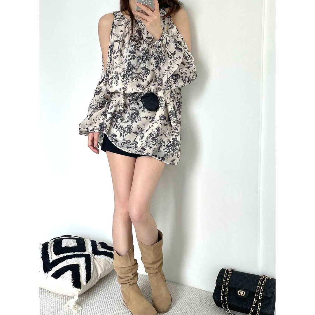 印花气质时髦露肩长袖衬衫女2025新品韩版宽松休闲防晒衬衣潮5387