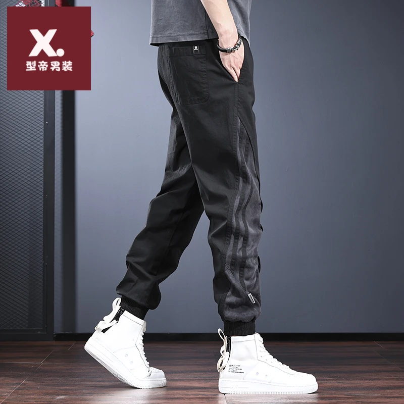 潮牌工装裤男2025秋季新款法式宽松显瘦个性拼接束脚哈伦裤潮流男
