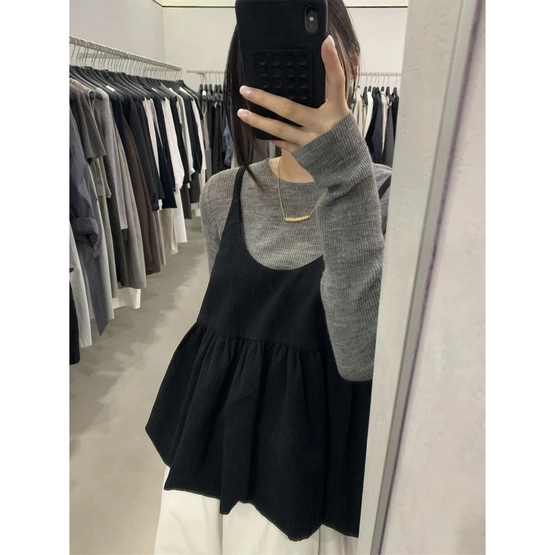 韩系chic慵懒风高级感巨好看的黑色吊带上衣叠穿针织衫套装女秋季