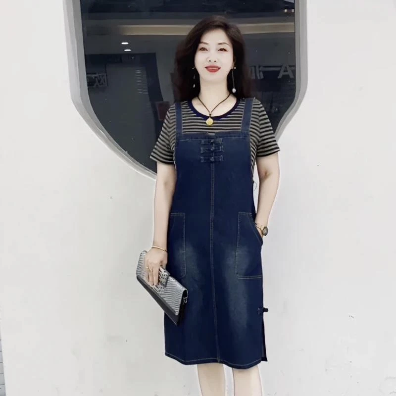 哥弟阿玛施正品假两件牛仔连衣裙女夏季欧货薄款洋气a字裙2025年