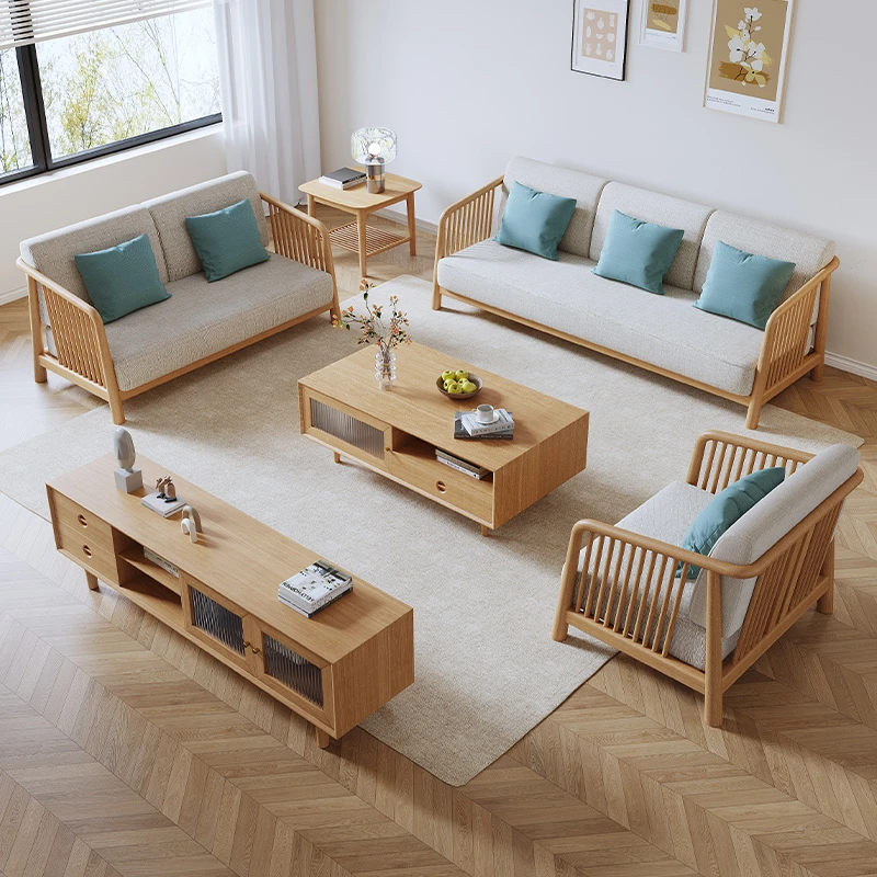 北欧全实木沙发组合小户型客厅三人位可拆洗简约现代榉木布艺沙发