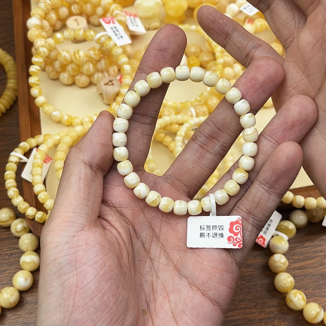 那***的蜜蜡未镶嵌手串瓷白闪电纹7mm*6.5mm精工高桩