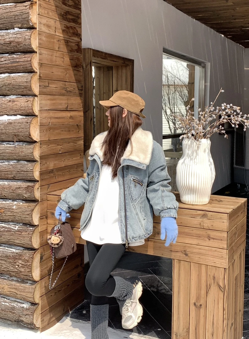 集合链接 法式冬季加绒加厚常规款女短外套短款加厚韩版牛仔外套