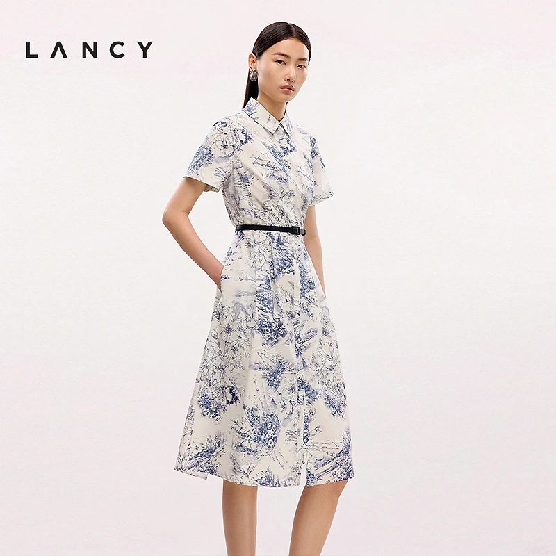 LANCY/朗姿2025夏季新款法式印花POLO衬衫领气质收腰A字棉连衣裙
