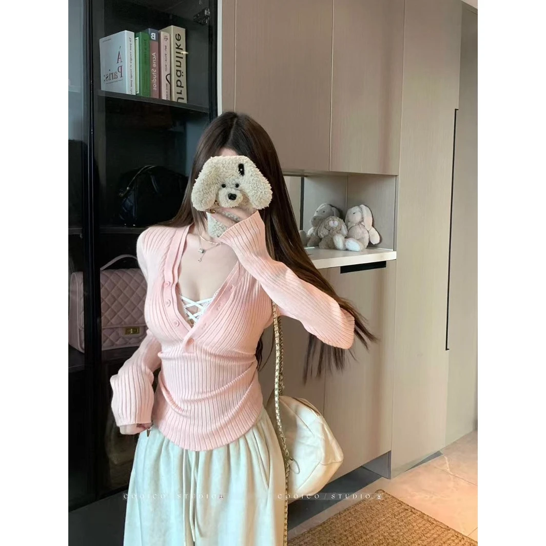 粉色领长袖针织衫女秋季修身毛衣打底衫内纯欲风吊带叠穿上衣
