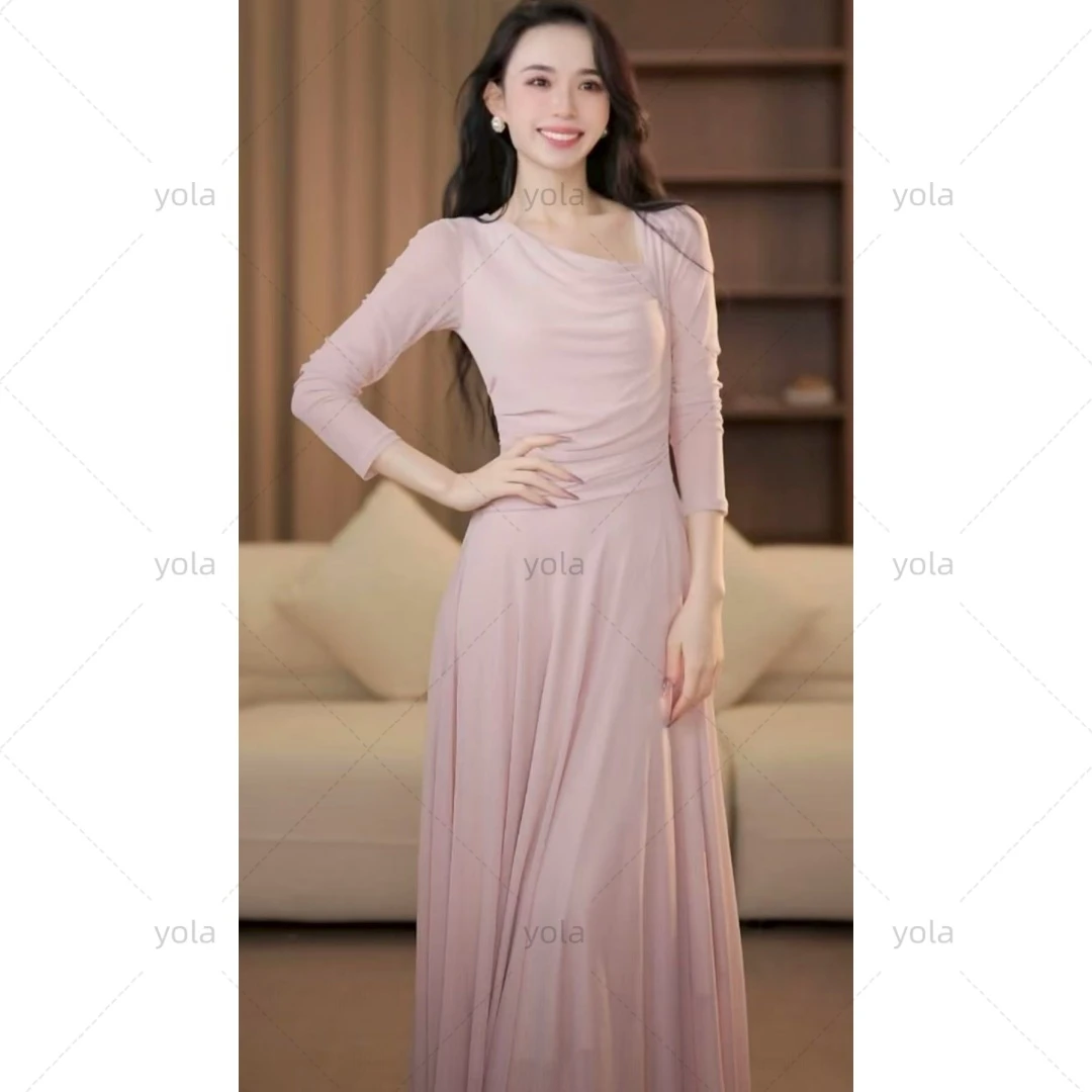 【yola】紫菀春季新款高级法式显瘦斜领设计A摆连衣裙-YL11421