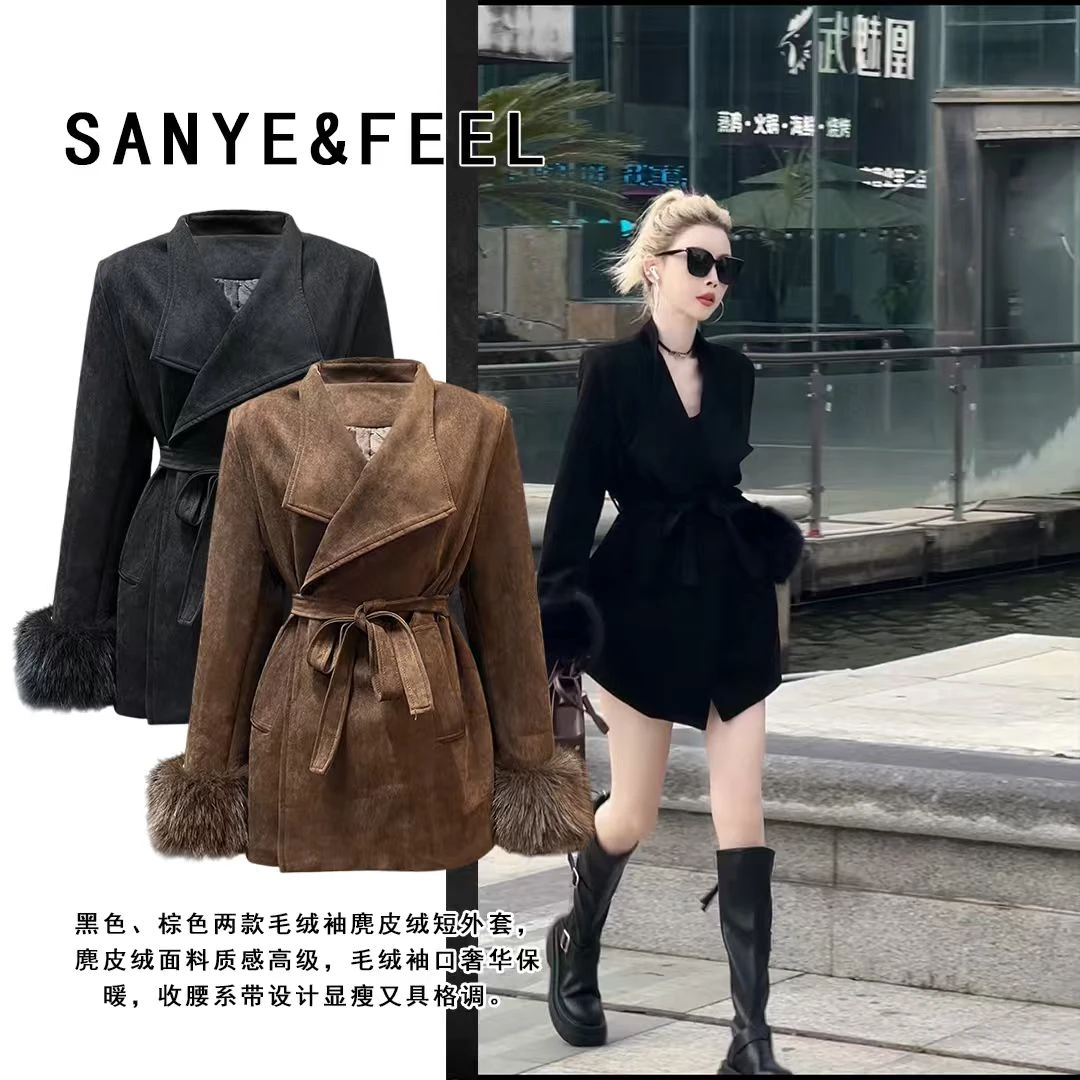 sanye&feel/妍三也【情有独钟】加绒秋冬法式中长款毛外套54372YX