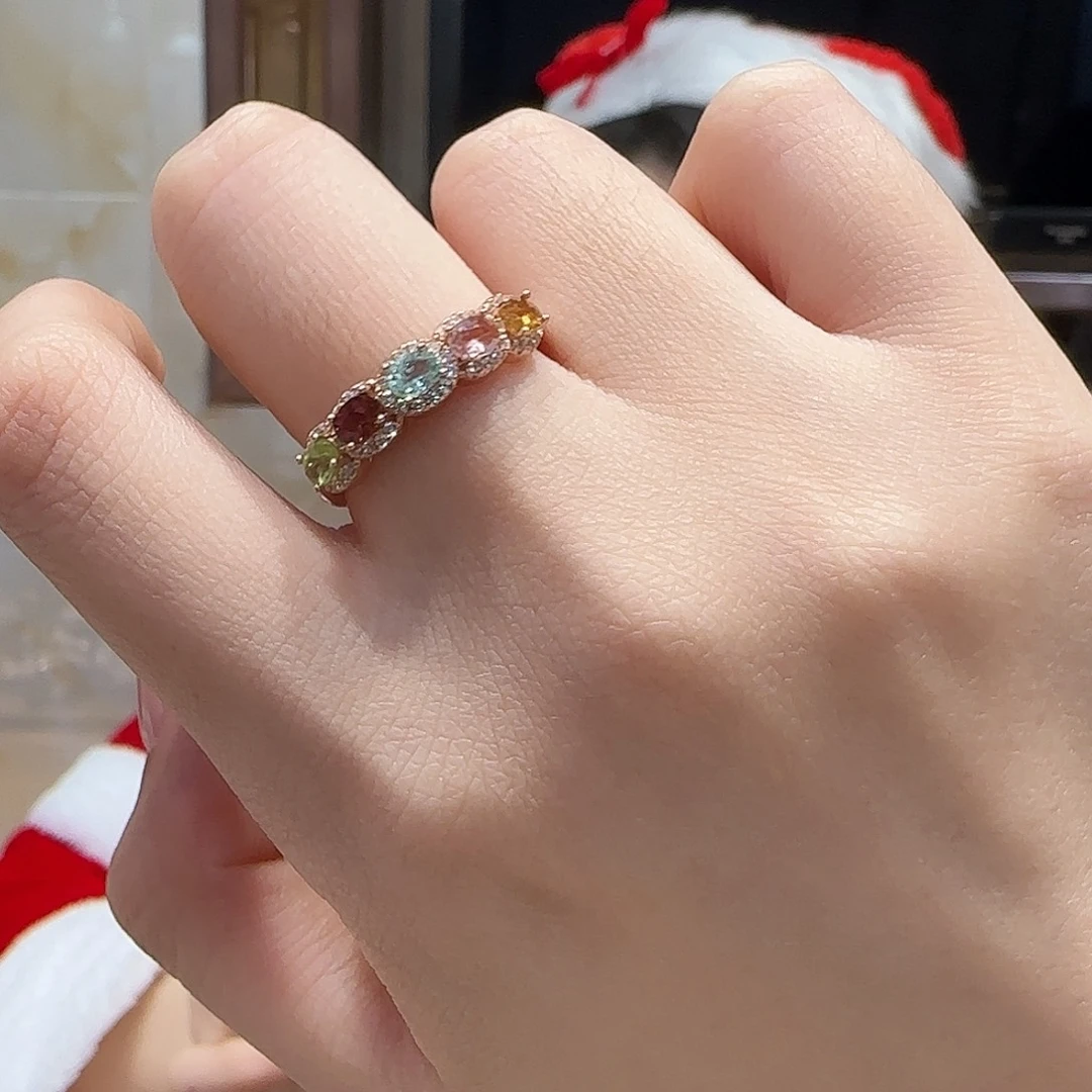 碧玺戒指银S925镶嵌多巴胺 排戒