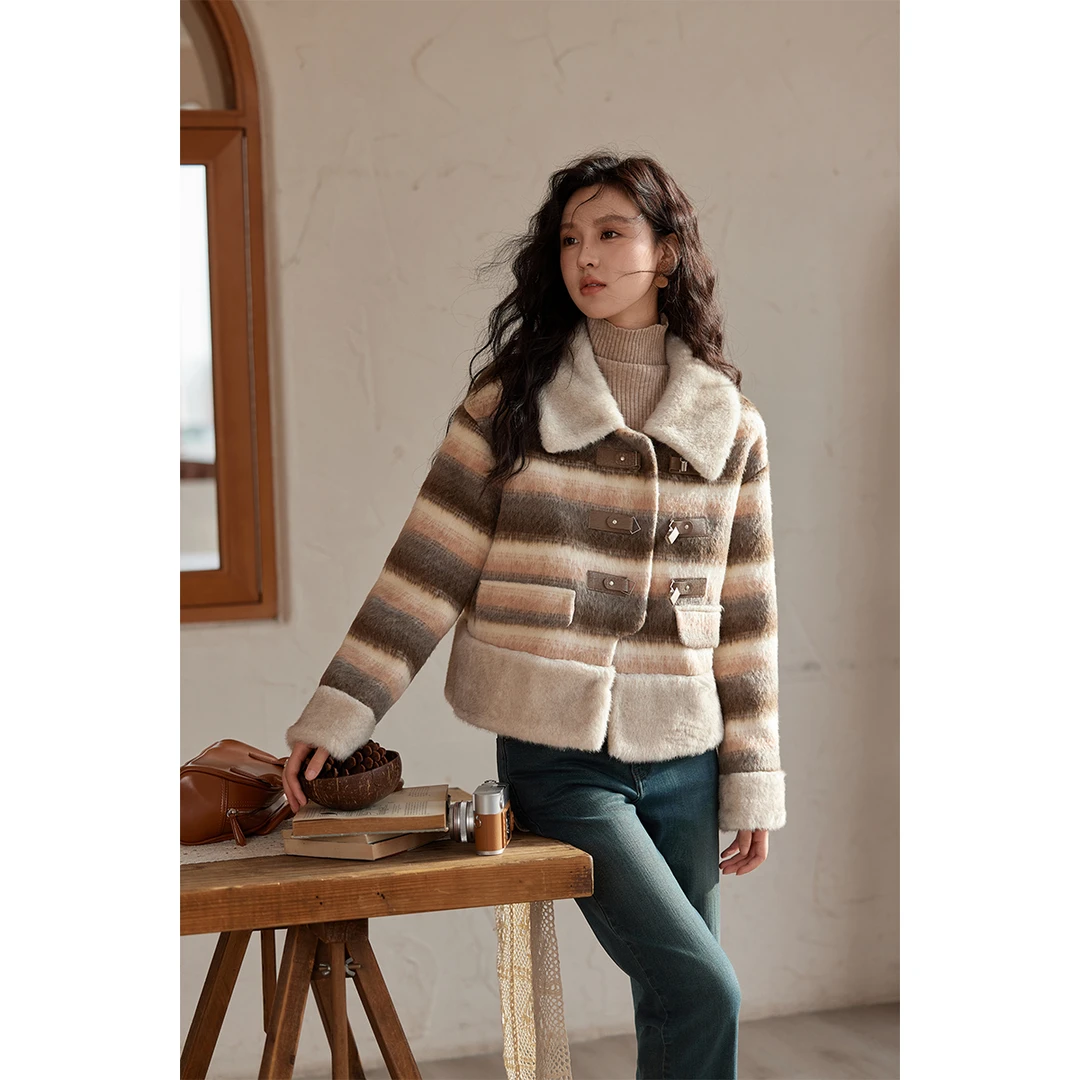 【年末大促】谜秀法式撞色条纹毛呢外套女2024秋冬季保暖加厚小香风