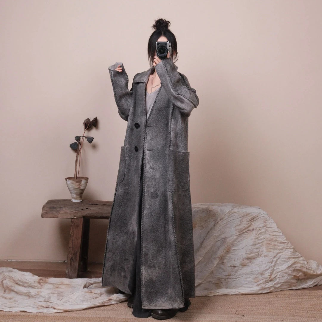 弥挲TH312370羊毛线手缝柿染铁锈染工匠感羊毛大衣