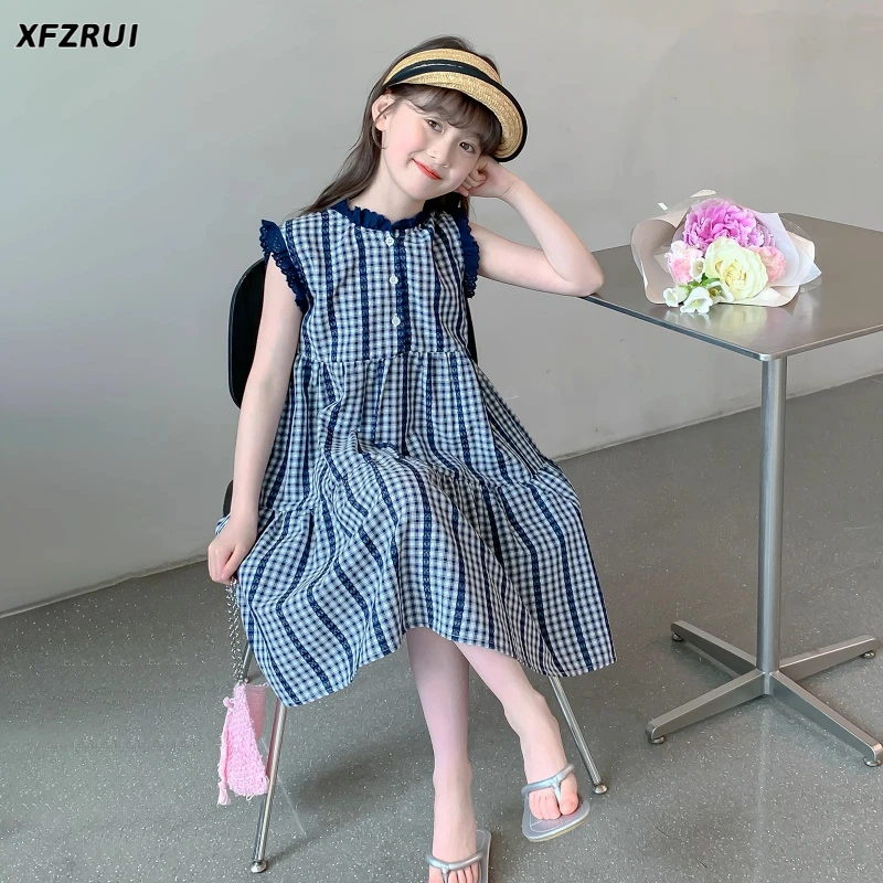 女童夏连衣裙2025新款纯棉布格子背心裙子女大童女孩薄款公主裙