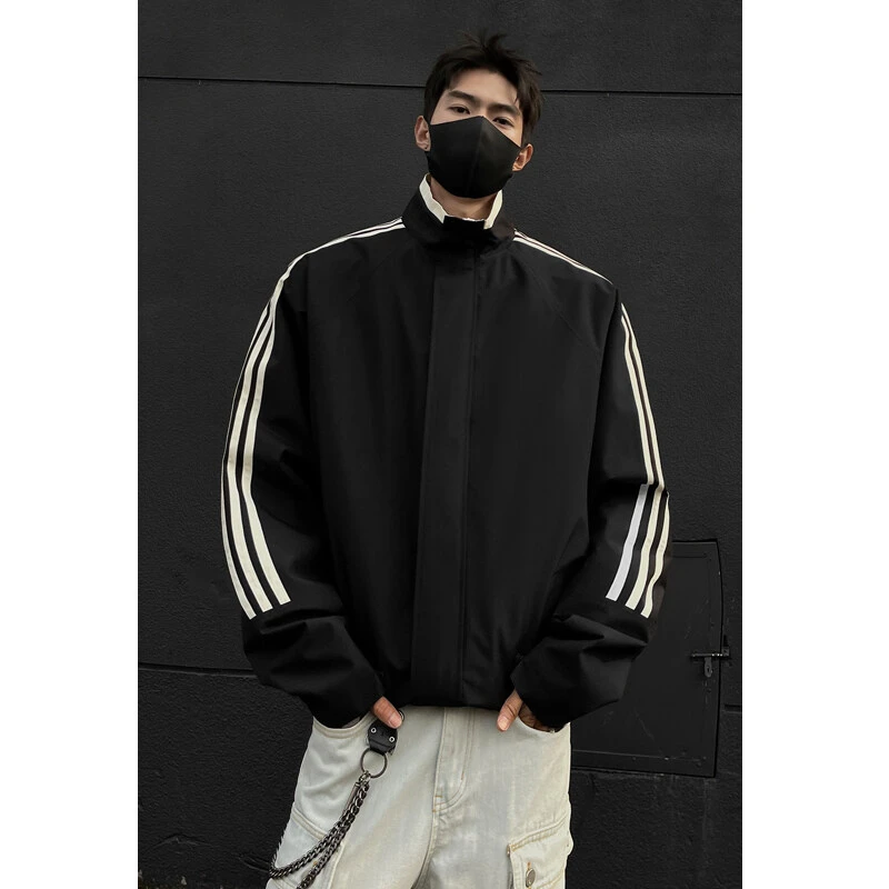 @港风立领开衫美式外套oversize夹克男春季新款可二开休闲上衣