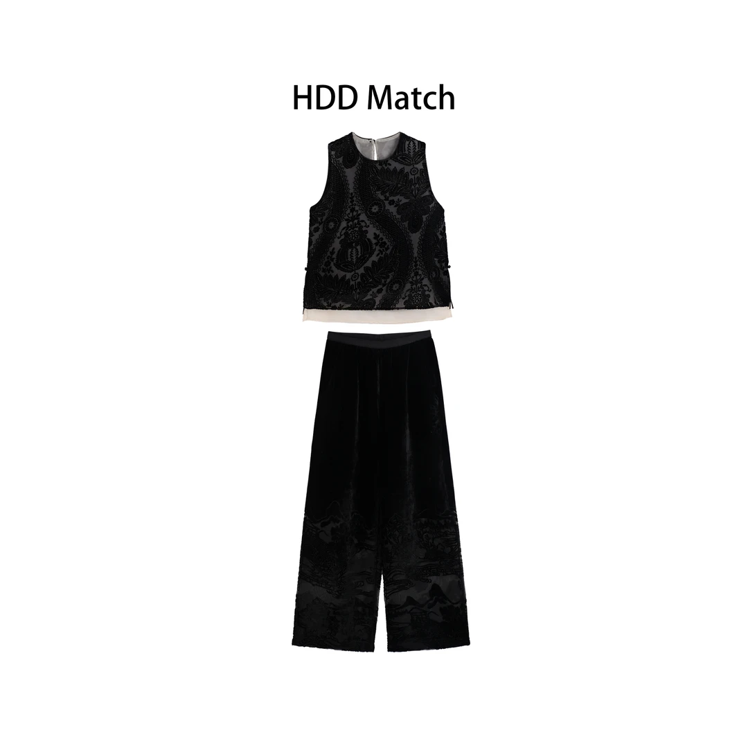 HDD "水墨山涧" 桑蚕丝 夏季植绒凯袖上衣+丝绒裤女装套装 Y8221