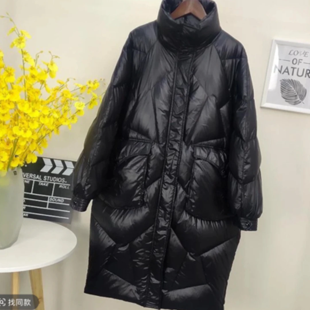 项圈亮面长款黑色棉服冬季保暖秋冬立领