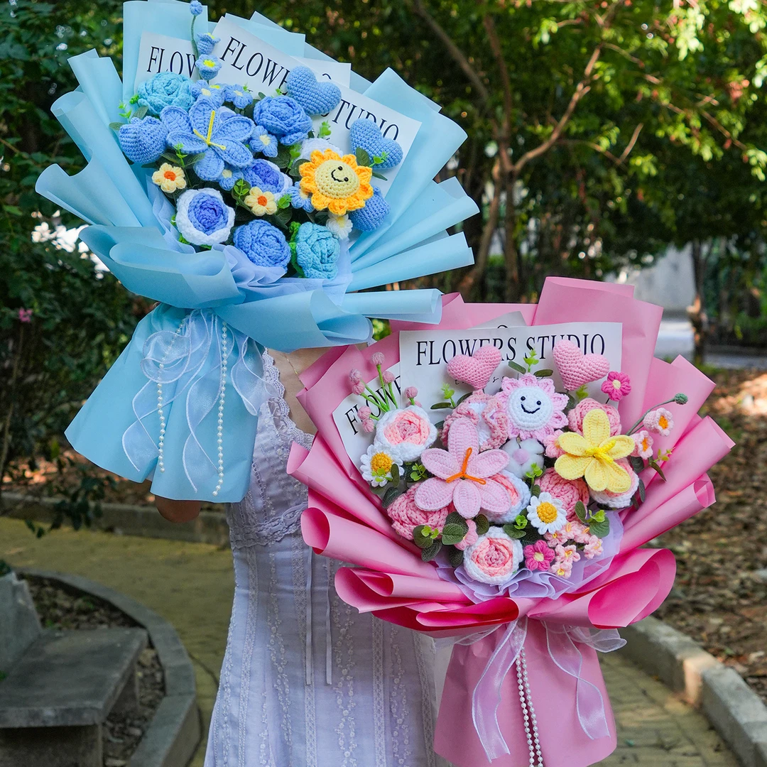 编织零食成品玫瑰毛线花实用生日礼物毛线花束送女生针织花束成品