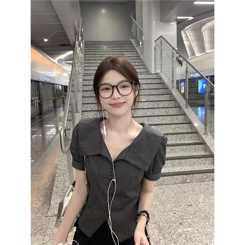 kumikumi设计感条纹翻领短袖衬衫女夏季小众百搭修身显瘦气质上衣