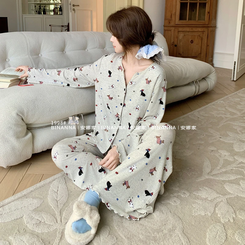 家居服缤安娜睡衣女款春秋季2025长袖流行新款针织长裤春秋款套装