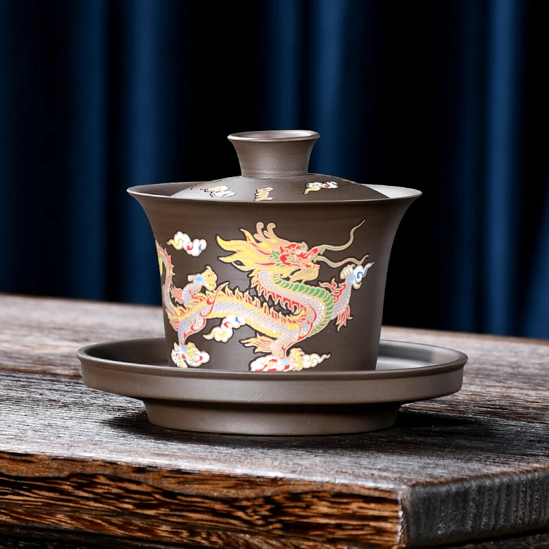 原矿紫砂壶三才盖碗壶变色龙凤壶功夫茶具大容量