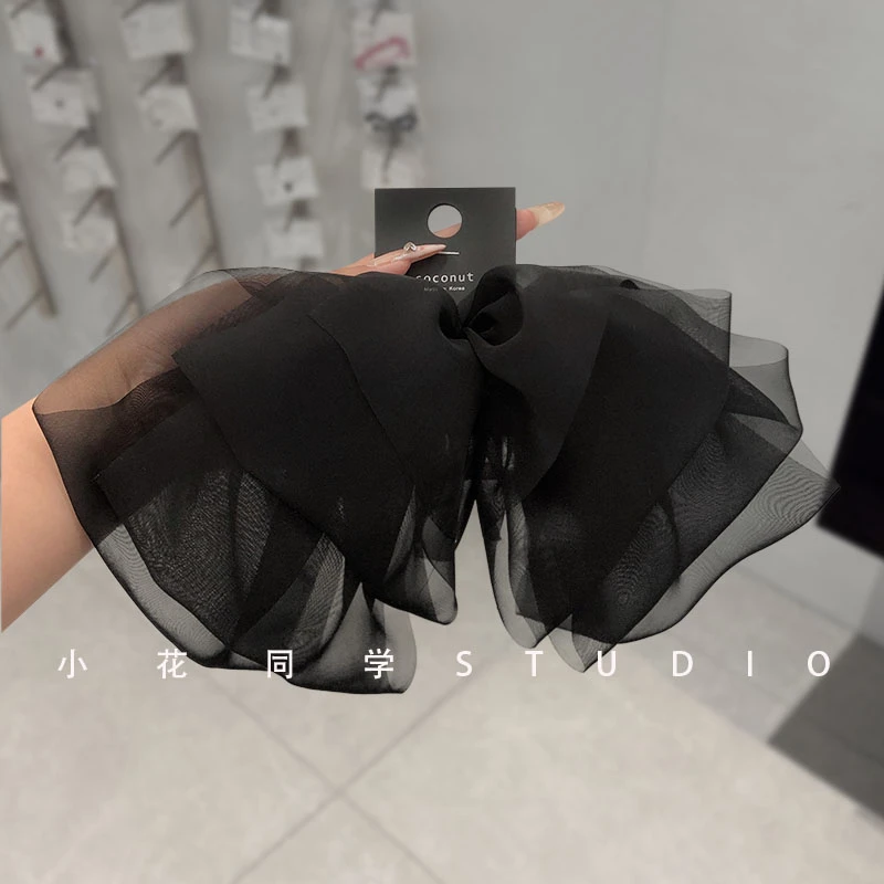 韩国发饰2025新款黑色欧根纱仙女蕾丝多层次蝴蝶结网纱发夹弹簧夹