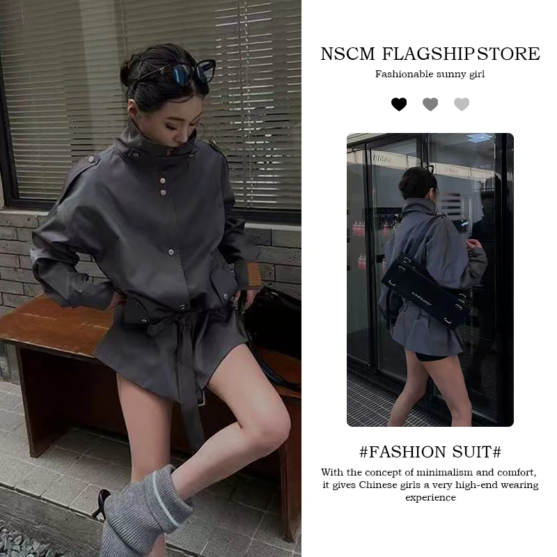 NSCM夏季新款女生韩系ins衣服高级灰翻立领短款风衣腰带复古外套