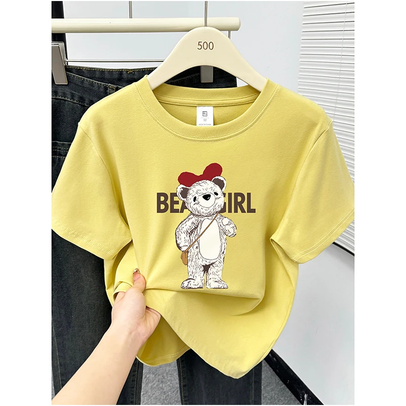 韩系ins小熊印花圆领正肩短袖T恤女夏季时尚休闲慵懒风体恤上衣潮