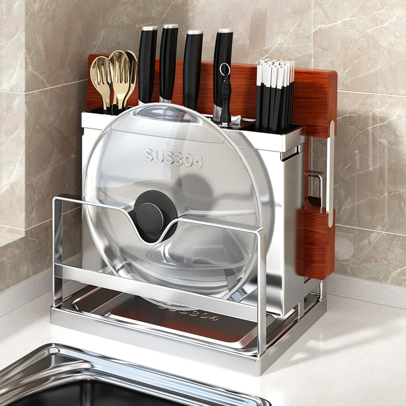 304不锈钢刀架置物架厨房多功能刀具菜刀砧板菜板锅盖一体收纳架