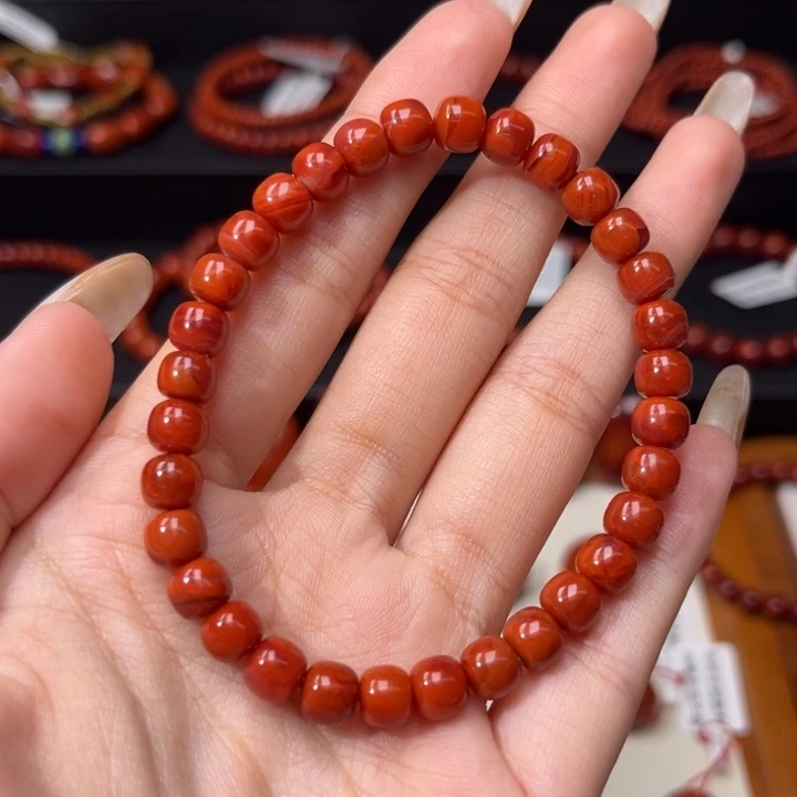 南红玛瑙未镶嵌手链原矿柿子红玫红6.5+mm老型手串