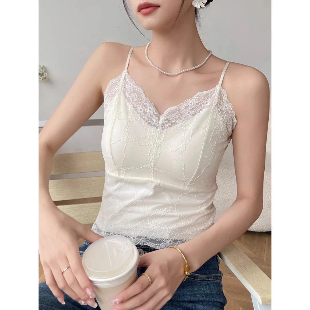 白色蕾丝吊带背心女夏外穿2025新款无袖内搭打底短款v领上衣美背