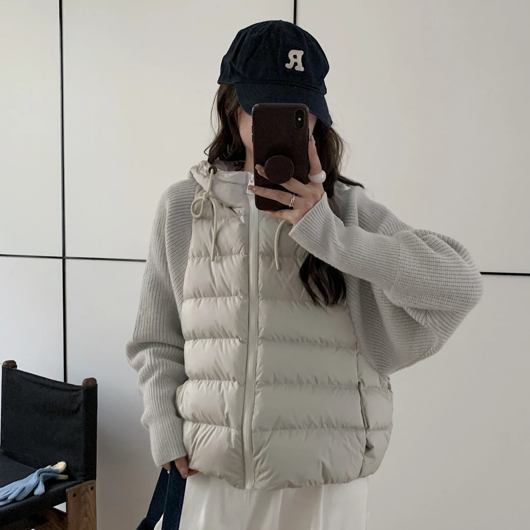 拼接连帽女棉衣韩版加厚坎肩秋冬棉服网红纯色棉服短款