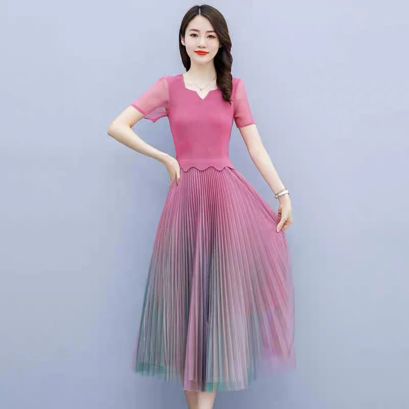 2025夏季新款法式设计感中长款假两件短袖连衣裙A064